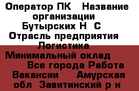 Оператор ПК › Название организации ­ Бутырских Н. С. › Отрасль предприятия ­ Логистика › Минимальный оклад ­ 18 000 - Все города Работа » Вакансии   . Амурская обл.,Завитинский р-н